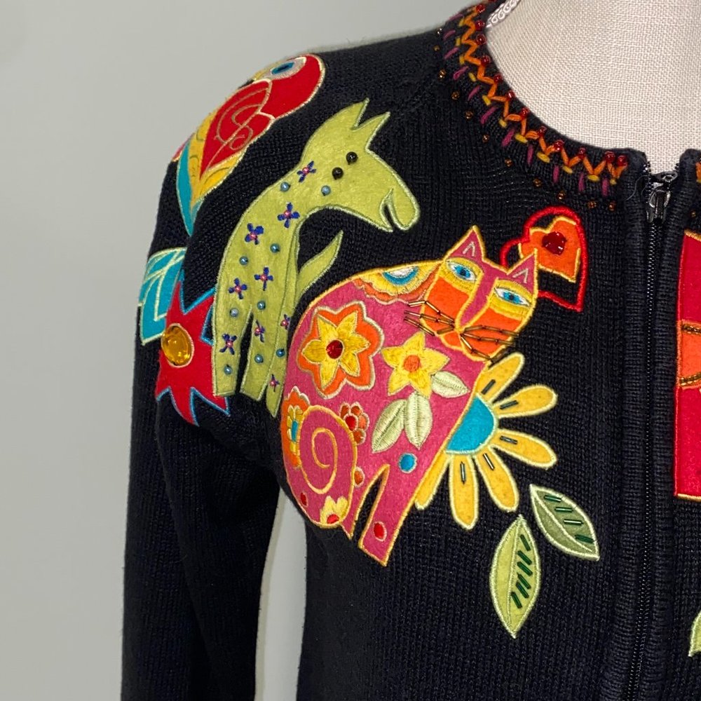 Vintage Jeweled & Beaded Cardigan Sweater Dog Cat Parrot Appliques - Picture 4 of 10